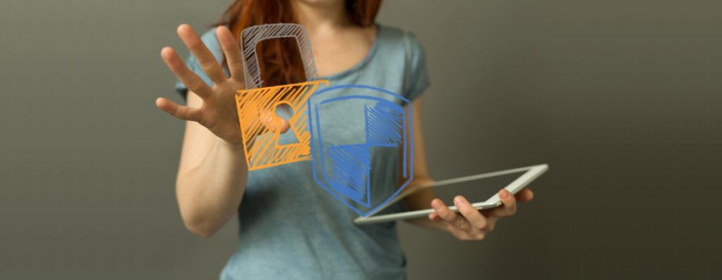 Woman holding iPad with lock and security symbol in front