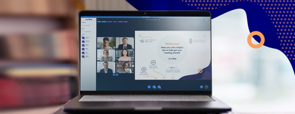 laptop showing a Web conferencing call and Clear.Live's whiteboard